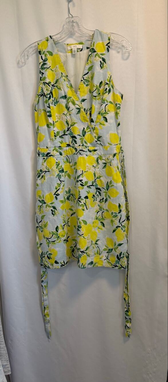 1901 Lemon Print Sleeveless Linen Dress with Tie Belt-Small